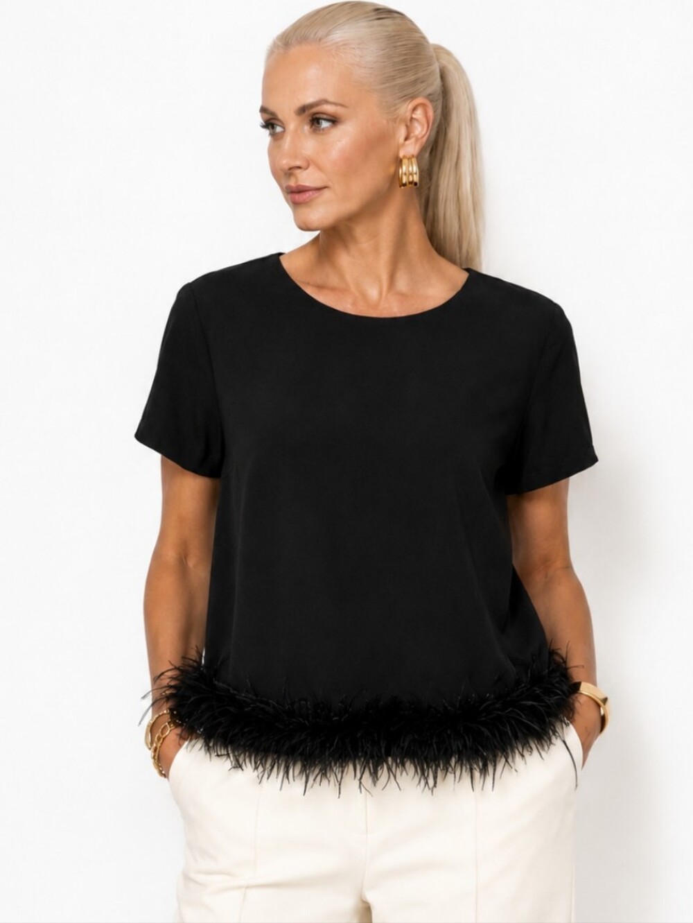 NWT Mittoshop Black Ostrich Feather Trim Top Modern Chic Statement Blouse Sz L